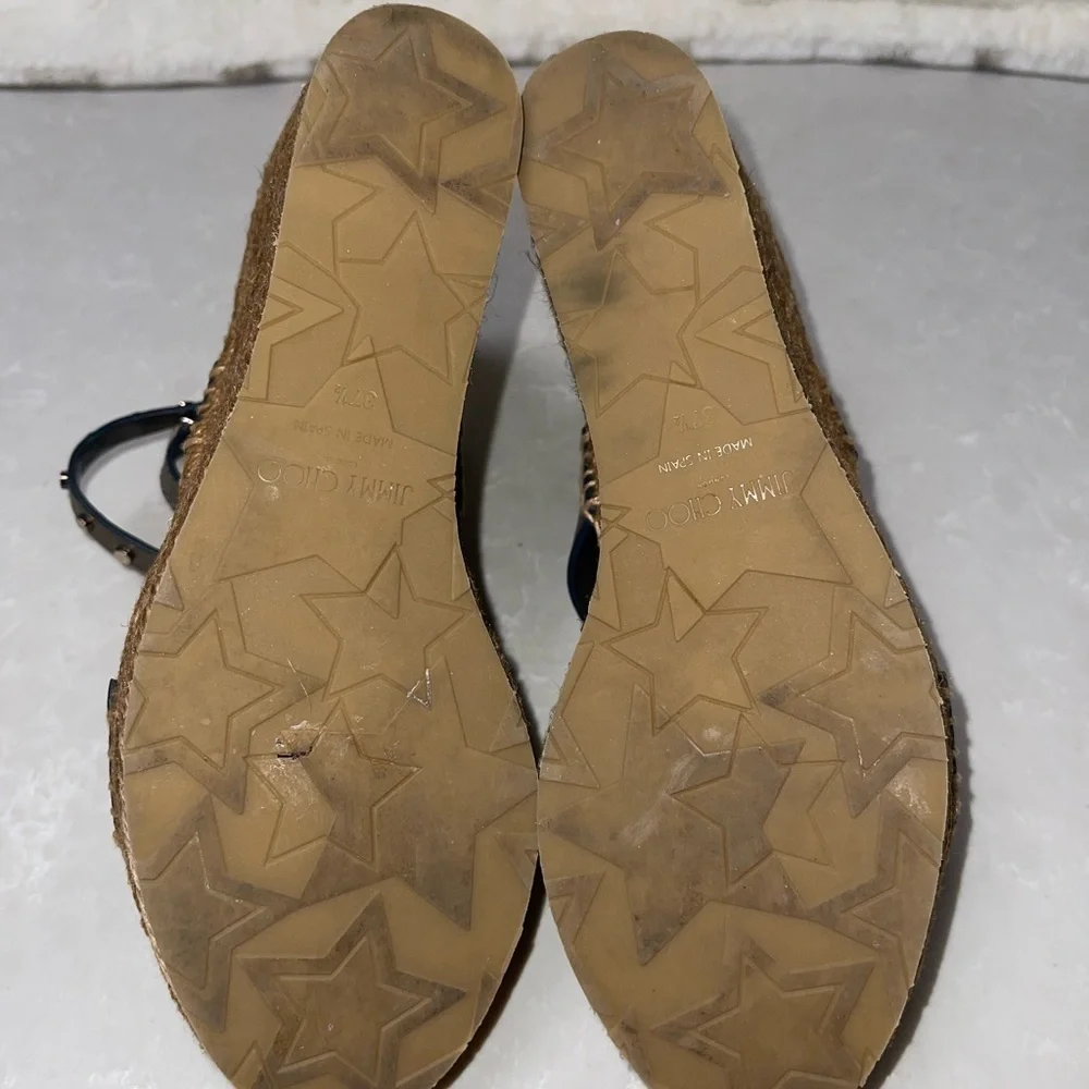GUC Jimmy Choo Raffia Calfskin Stud Danica 80mm Wedge Sandals. Size 37 1/2